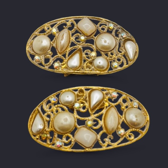 musi Accessories - Vintage MUSI Shoe Clips Dress Clips Gold Tone Faux Pearl Rhinestone 2.5"